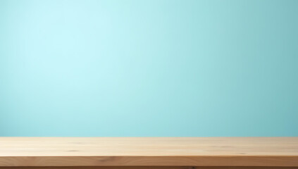 Poster - A wood tabletop with a beautiful empty space sits atop a serene blue pastel colored background waiting for decoration._00001_