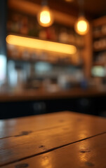 Aufkleber - A wooden table top features a blurred counter bar with a warm golden bokeh effect in the background._00002_