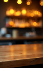 Aufkleber - A wooden table top features a blurred counter bar with a warm golden bokeh effect in the background._00001_