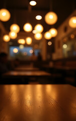 Aufkleber - A wooden table top glows softly under a blurred bokeh of lights in a dimly lit cafe restaurant atmosphere at night._00001_