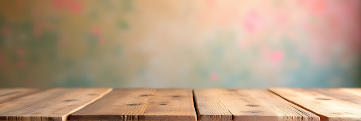 Poster - A wooden table top is placed against a colorful background with a simple and elegant design._00002_