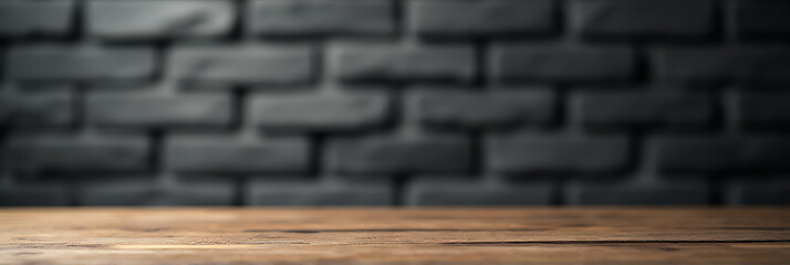 Poster - A wooden tabletop is centered on a dark grey brick wall providing a subtle background for a selective focus image._00002_