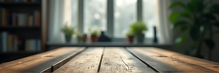 Poster - A worn wooden table sits in a blurred, abstract view of a room through a steamed up window with glass reflections._00001_