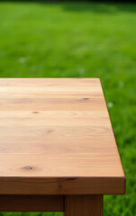 Poster - Beautiful pine wood textured tabletop or counter island is set against a serene green grass lawn background._00002_