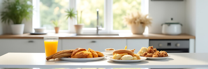 Aufkleber - Breakfast foods and baked goods are arranged on a clean, white table in a bright and modern kitchen setting._00002_
