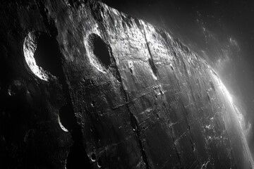 Wall Mural - This remarkable view captures the of a celestial body’s surface, highlighting geological features and shadows. The interplay of light enhances the mysterious beauty of the cosmos