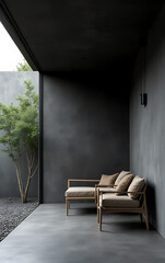 Poster - Concrete wall design in dark colors provides a dramatic backdrop for interior spaces and architectural features alike easily._00001_