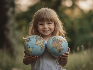 happy child holding globes representing the world