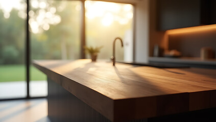 Aufkleber - Dark wood texture of a counter island on an abstract window background with subtle sunlight and luxury ambiance._00002_