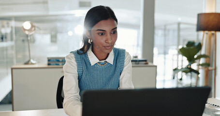 Aufkleber - finance, laptop and reading with accountant woman at desk in office for bookkeeping report. computer