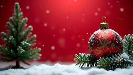 Wall Mural - fir tree, pine branch, and snow on a christmas ornament against a red winter background for holidays