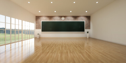 3d rendering of blur classroom background. Empty room interior of school, university, college. Include board or chalkboard, wooden floor in perspective. Concept of education, teach and learn.