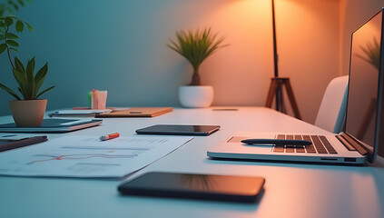 Aufkleber - Modern office setting featuring a desk table with a smartphone and various supplies against a colorful background._00001_