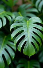 Poster - Monstera leaves with selective focus create a decorative background in a vibrant and visually appealing composition design for decorations._00001_