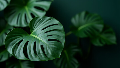 Poster - Monstera leaves with selective focus on dark colors create a visually appealing decorating composition through design and aesthetics._00001_