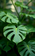 Poster - Monstera leaves with selective focus create a decorative background in a vibrant and visually appealing composition design for decorations._00002_