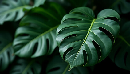 Poster - Monstera leaves with selective focus on dark colors create a visually appealing decorating composition through design and aesthetics._00002_