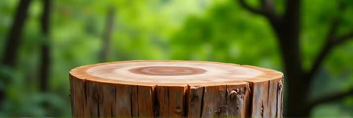 Aufkleber - Old tree stump used as a unique table top with blurred green tree background for product display and design inspiration._00002_