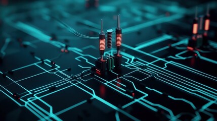 Aufkleber - Abstract Representation of Futuristic Circuit Board with Neon Lights, Focused on Modern Technology Components and Data Connections in a Digital Environment