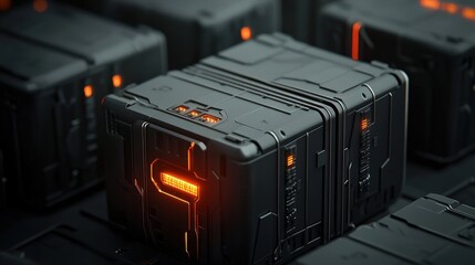 Aufkleber - Futuristic Black Storage Boxes with Glowing Orange Lights, Close-Up View of Sci-Fi Technology and Industrial Design in a Dark Setting