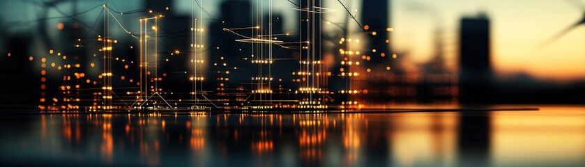 Poster - Abstract Digital Cityscape with Glowing Lights and Geometric Lines at Sunset, Representing Technology, Innovation, and Modern Architecture in Urban Environment