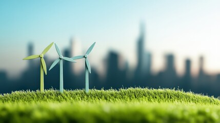 Poster - Miniature Wind Turbines on Green Grass with Urban Skyline in Background, Symbolizing Renewable Energy and Sustainable Development in an Eco-Friendly Future