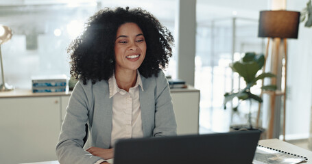 Poster - Accounting, laptop and smile with business woman at desk in office for bookkeeping report. Computer, finance and research with happy professional accountant in workplace for financial management