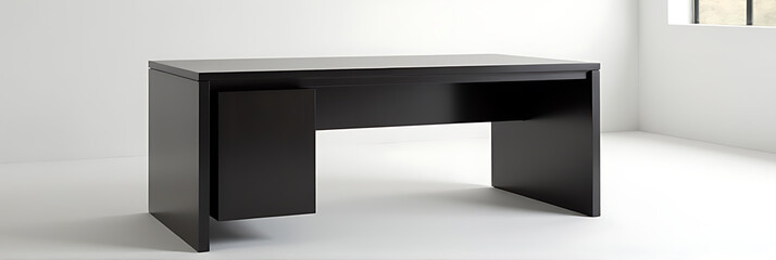 Poster - Simple modern black desk features a sleek design with a glossy finish on its rich dark wood tone surface._00001_