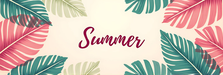 Aufkleber - Summer concepts feature text on soft pastel tropical leaves against a vibrant colored background in a decorative design._00001_