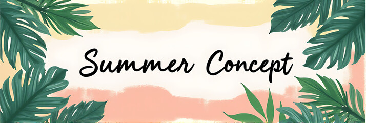 Aufkleber - Summer concepts feature text on soft pastel tropical leaves against a vibrant colored background in a decorative design._00002_