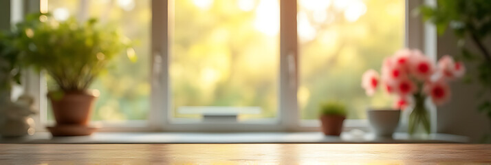 Poster - Tabletop features a blurred window with vibrant flowers in the morning light, ideal for product displays and design visuals._00001_