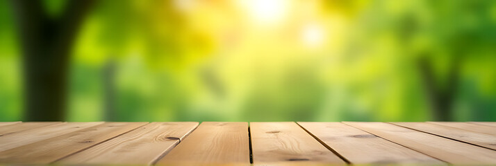 Aufkleber - The selective focus is on a wooden table top surrounded by a blurred green of a tree in a sunny morning scene._00001_