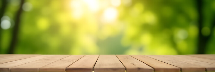 Aufkleber - The selective focus is on a wooden table top surrounded by a blurred green of a tree in a sunny morning scene._00002_