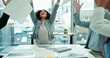 © peopleimages.com - Throw paper, business people and woman with celebration, success and achievement in modern office. Employee, coworking or accounting firm with documents, excited or kpi target with bonus or promotion