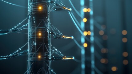Poster - Futuristic Digital Power Grid with Glowing Nodes and Intricate Wireframe Structure Amidst a Blue Dark Background for High-Tech Innovations and Concepts