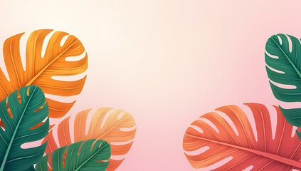 Aufkleber - Tropical monstera leaves in vibrant colors against soft pastel hues evoke a sense of carefree summer joy and serene natural escapes instantly._00001_