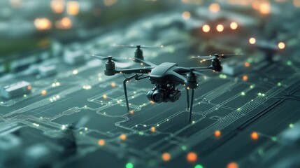 Poster - Aerial Drone Hovering Above Circuit Board with Colorful Lights Showcasing Technology and Innovation in Modern Electronics and Robotics