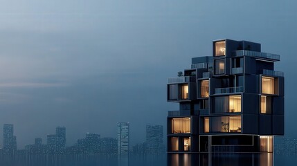 Poster - Modern Architectural Design of a Unique Building Surrounded by a City Skyline at Dusk with Soft Lighting and a Calm Atmosphere