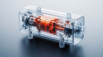 Poster - Transparent mechanical assembly with luminous core showcasing intricate design, engineering marvel, captivating technology and modern innovation for stock photo purposes.