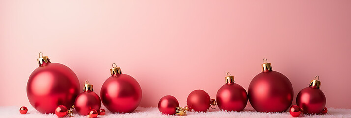 Poster - Unique Christmas festival ideas feature different sized red ornaments against a soft pastel colored festive holiday background design concept._00001_
