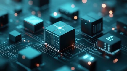 Poster - Abstract Technology Background Featuring Microchips and Circuit Wiring in a High-Tech Environment with Blue and Orange Lighting Effects
