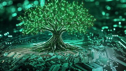 Poster - Tree made of circuits glowing green, digital nature concept