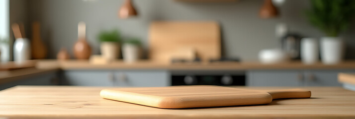 Poster - Wooden countertop with cutting board blurred in background creates visually appealing image for product display and interior design inspiration._00001_