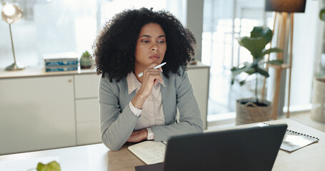Aufkleber - Thinking, laptop and businesswoman in office with ideas, planning or decision for finance report. Computer, problem solving and financial advisor with stock market investment proposal for company.