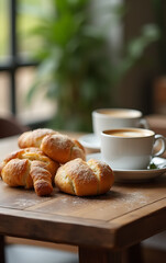 Poster - Wooden table set for breakfast with pastries and coffee in a selective focus with copy space for ingredients and text overlay._00001_