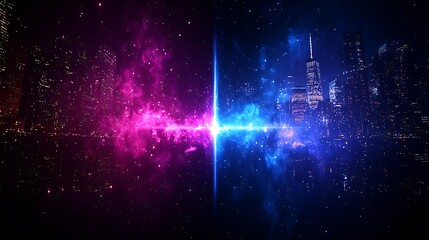 Poster - Stunning Panoramic View of a Customizable Billboard Set Against a Cosmic Cityscape Background with Vibrant Colors and Stars at Night