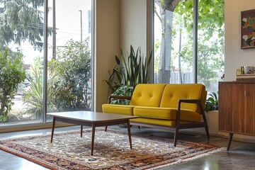 A modern minimalist interior design for the living room with yellow sofas and wood furniture. Generative AI
