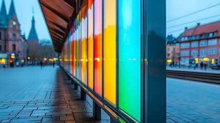 Poster - Colorful Customizable Billboard View on Panoramic Urban Street at Dusk with Reflections and Vibrant Neon Lights