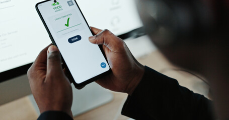 Poster - Hands, phone screen and order for food delivery at office with check sign, payment or deal at call center. Person, smartphone and ux for mobile app, ecommerce or online shopping for meal at help desk