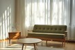 © TrendySpaces - Minimalist interior design of a living room with windows visible and green sofas and wood furniture. Generative AI